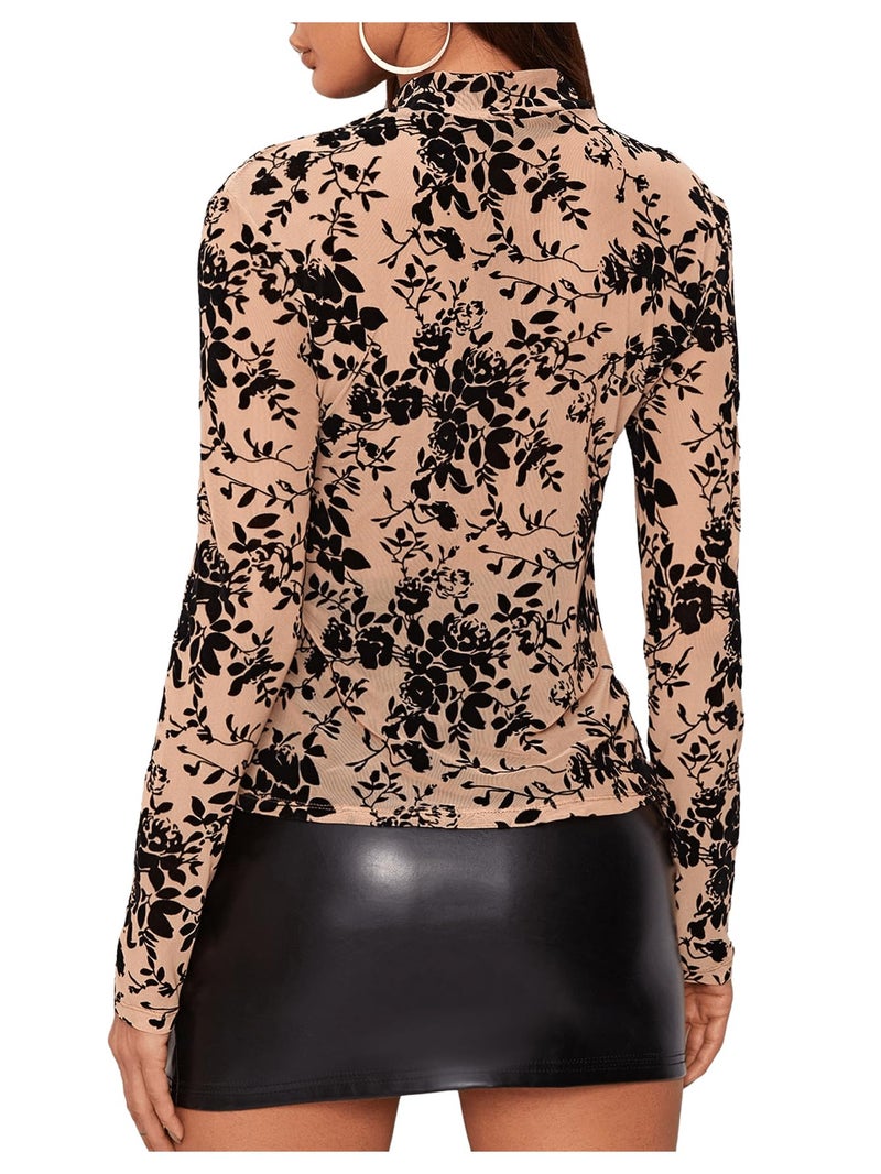 SweatyRocks Women's Long Sleeeve Mesh Shirt Floral Sheer See Through Top Blouse Multicolor #6 M - Image 2